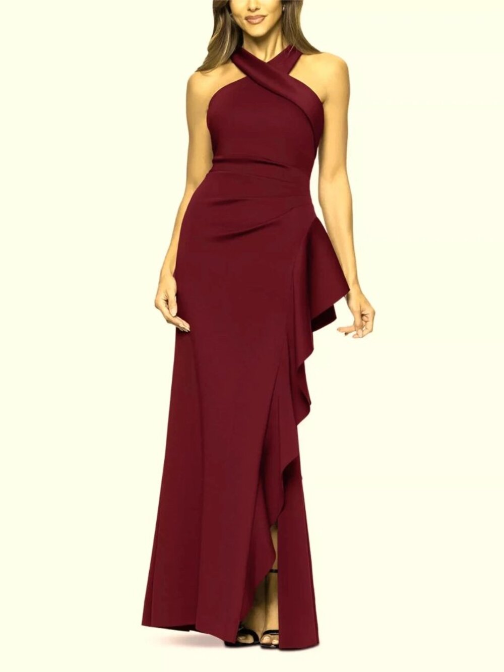 Aqua Formal Wine Burgundy Ruffle Crisscross Halter Scuba Crepe Gown